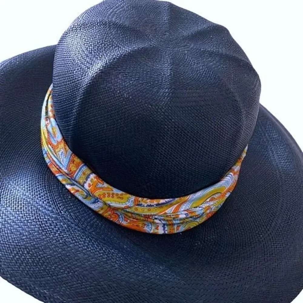Vintage‎ Filene’s Navy Blue Sun Straw Hat with Satin Paisley Ribbon